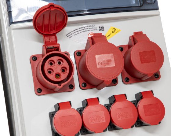 Stromverteiler BSV 4/32 FI+LS, 1x CEE 400/32A, 2x CEE 400V/16A, 4x Steckdosen T25 (IP55) *CH* - Produktansicht