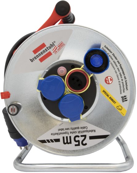 Kabeltrommel Garant SK f&uuml;r Ausseneinsatz, CH Stecksystem IP55, 3x T23 Steckdosen, T23 Stecker, Kabel 25m RN07-F 3G2,5, schwarz - Produktansicht