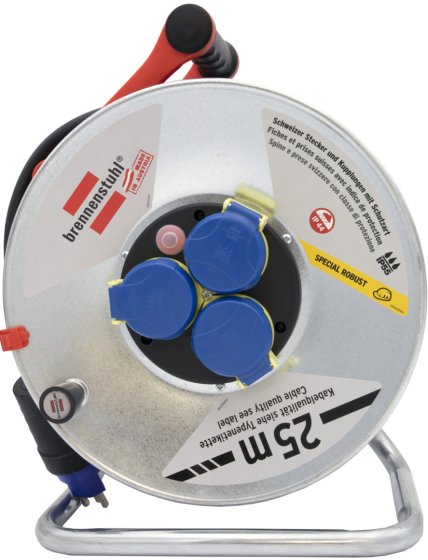 Kabeltrommel Garant SK f&uuml;r Ausseneinsatz, CH Stecksystem IP55, 3x T23 Steckdosen, T23 Stecker, Kabel 25m RN07-F 3G2,5, schwarz - Produktansicht