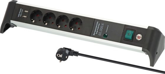 Alu-Office-Line 60.000A Überspannungsschutz-Steckdosenleiste mit USB-Ladefunktion 4-fach 1,8m H05VV-F 3G1,5 - Produktbild
