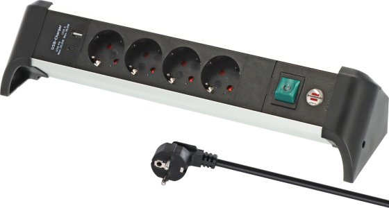 Alu-Office-Line Steckdosenleiste mit USB Power Delivery USB-Ladefunktion 4-fach 1,8m H05VV-F 3G1,5 - Produktbild