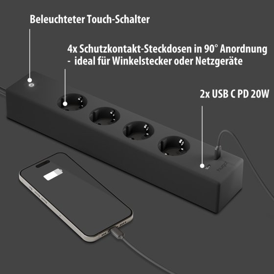 hugo! SOCKET Steckdosenleiste 4-fach, USB C 20W PD, deep black - Anwendungsbild