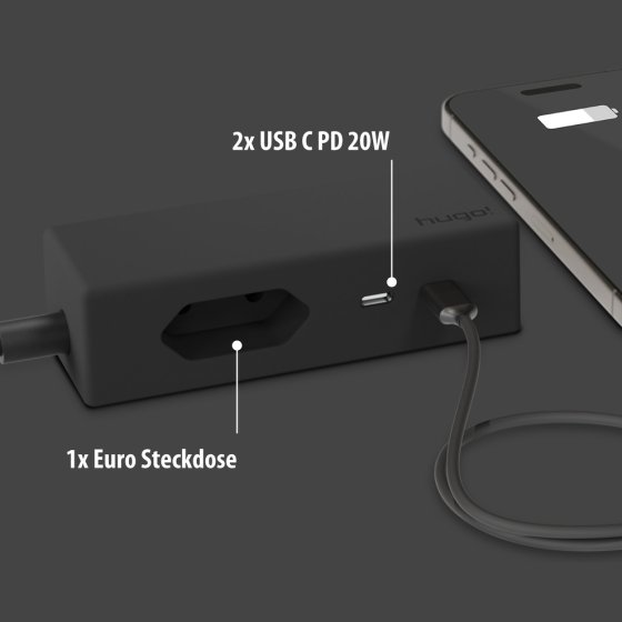 hugo! TRAVEL Steckdosenleiste mit USB C 20W PD und Euro Steckdose, deep black - Anwendungsbild