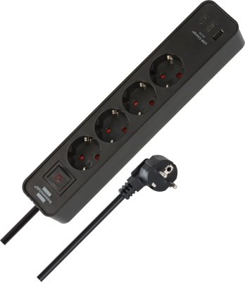 Ecolor Steckdosenleiste 4-fach mit 3 USB-Ladebuchsen 2x USB C PD 20W und 1x USB A, schwarz