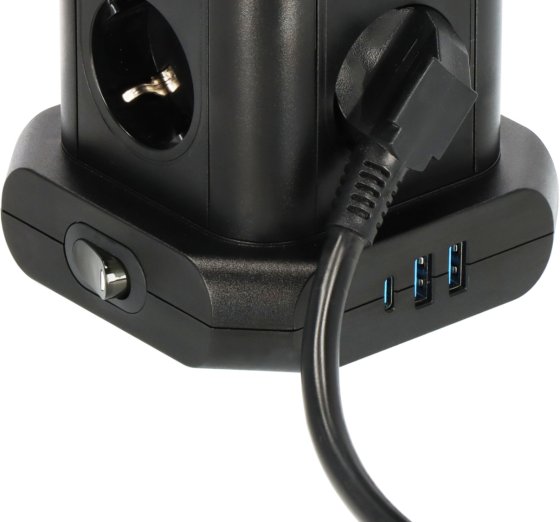 Steckdosenturm 8-fach mit 2x USB A, 1x USB C Power Delivery schwarz 2m H05VV-F3G1.5 - Produktansicht