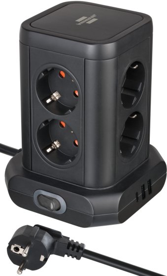 Steckdosenturm 8-fach mit 2x USB A, 1x USB C Power Delivery schwarz 2m H05VV-F3G1.5 - Produktbild
