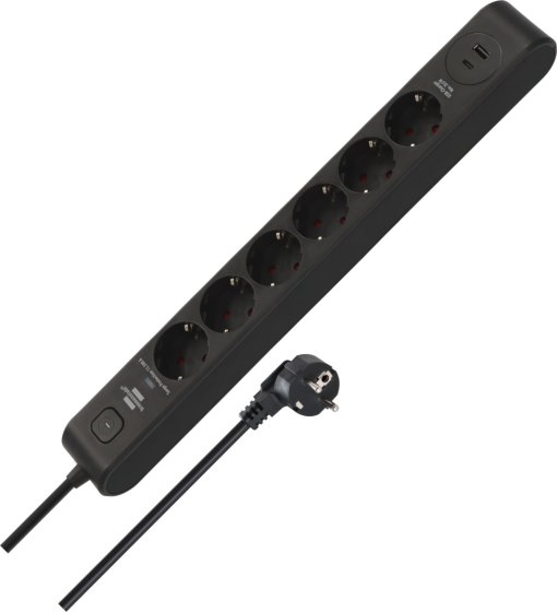 &Uuml;berspannungsschutz-Steckdosenleiste 6-fach 13.500 A mit 1x USB C PD 20W, 1x USB A 20W, 2m H05VV-F 3G1,5 schwarz - Produktbild