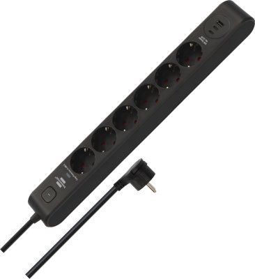 &Uuml;berspannungsschutz-Steckdosenleiste 6-fach 45.000 A mit 2x USB C PD 36W, 1x USB A 36W, 2m H05VV-F 3G1,5 schwarz