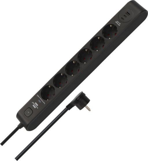 &Uuml;berspannungsschutz-Steckdosenleiste 6-fach 45.000 A mit 2x USB C PD 36W, 1x USB A 36W, 2m H05VV-F 3G1,5 schwarz - Produktbild