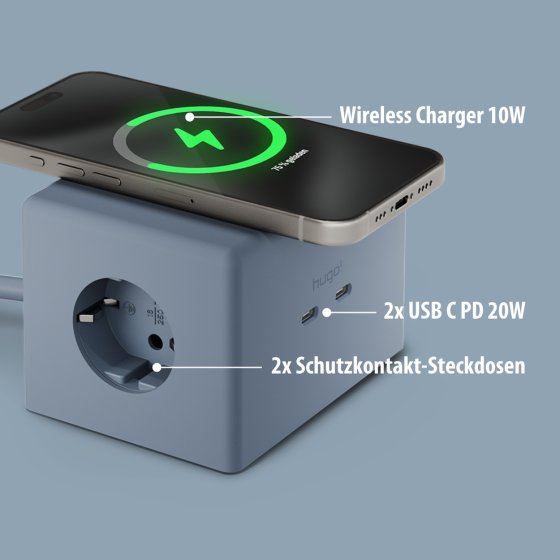 hugo! ONE Steckdosenwürfel mit USB C 20W PD ice blue - Anwendungsbild