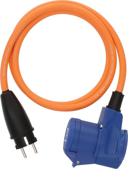 Camping Adapterkabel IP44 1,5m orange H07RN-F 3G2,5 Schutzkontakt-Stecker, Winkelkupplung CEE 230V/16A - Produktbild